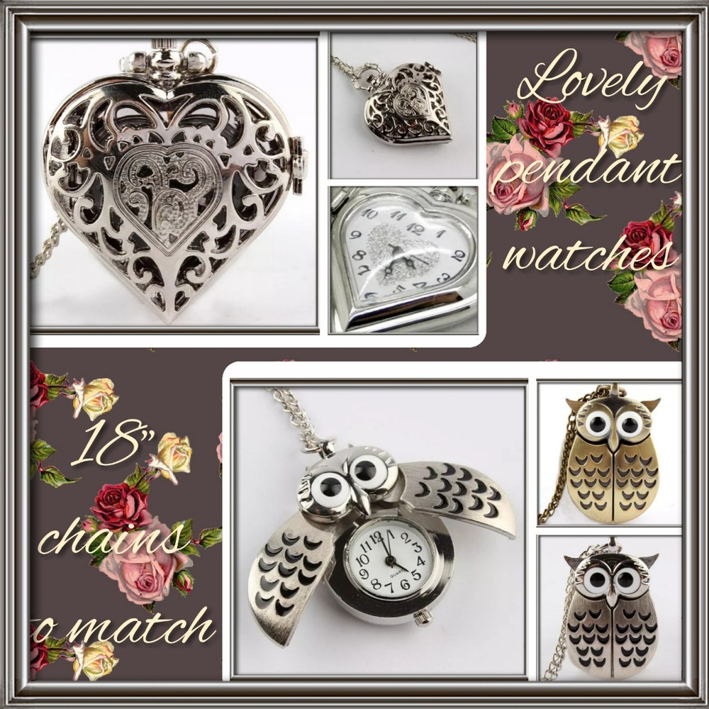 Heart and Owl watch pendants with chain.